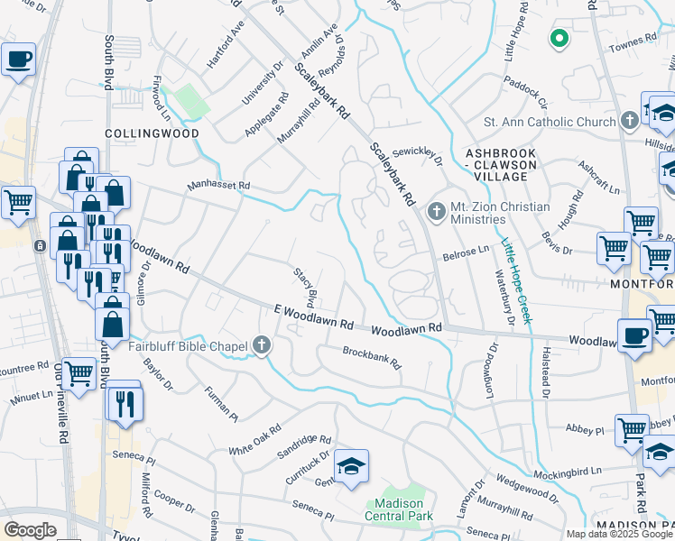 map of restaurants, bars, coffee shops, grocery stores, and more near 4222 Darwin Circle in Charlotte