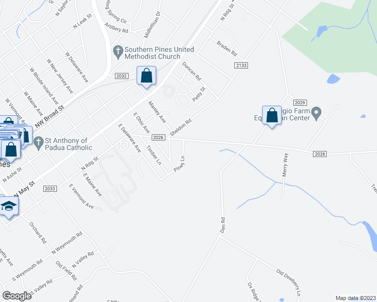 map of restaurants, bars, coffee shops, grocery stores, and more near 195 Piney Lane in Southern Pines