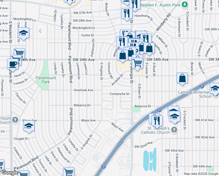 map of restaurants, bars, coffee shops, grocery stores, and more near 2911 Arcadia Road in Amarillo