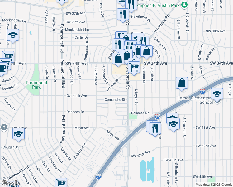 map of restaurants, bars, coffee shops, grocery stores, and more near 3506 Concord Road in Amarillo