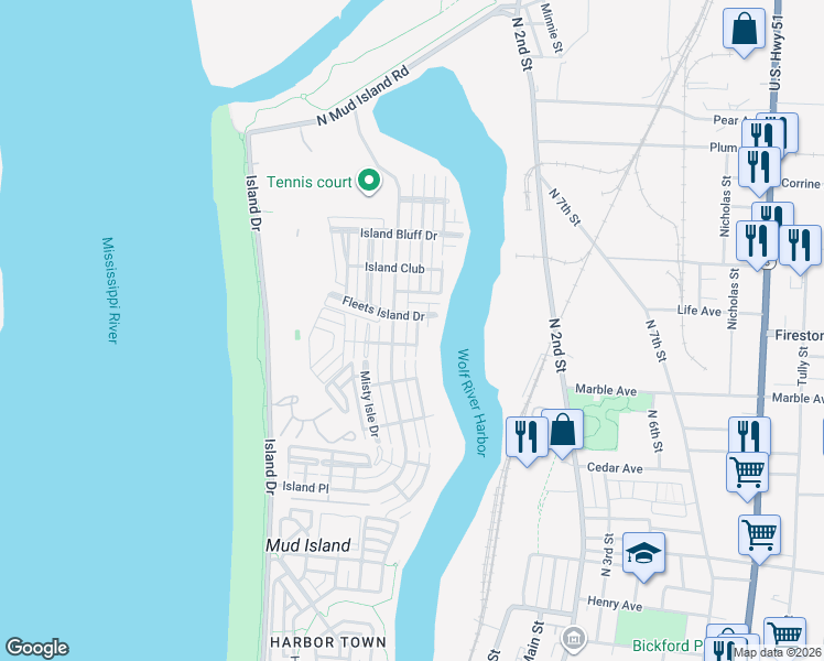 map of restaurants, bars, coffee shops, grocery stores, and more near 1279 Island Harbor Drive in Memphis