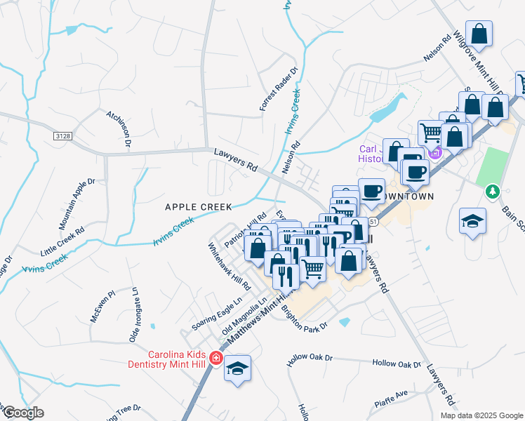map of restaurants, bars, coffee shops, grocery stores, and more near 4431 Patriots Hill Road in Mint Hill