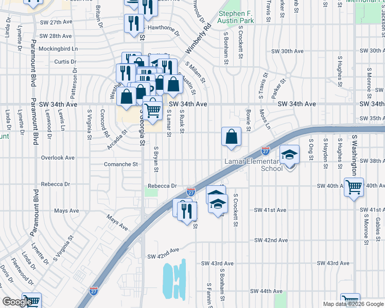 map of restaurants, bars, coffee shops, grocery stores, and more near 3514 South Austin Street in Amarillo