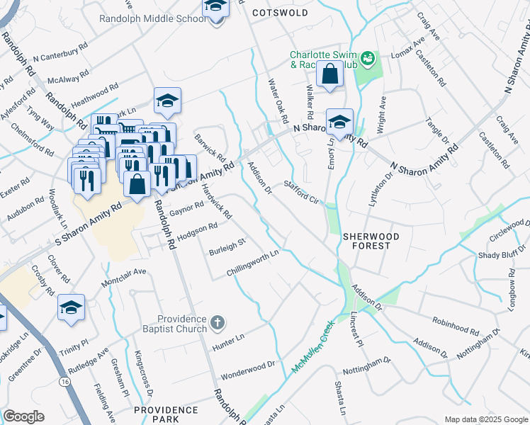 map of restaurants, bars, coffee shops, grocery stores, and more near 4827 Gaynor Rd in Charlotte