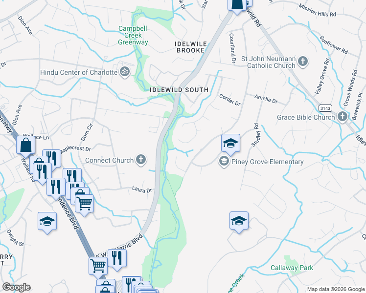 map of restaurants, bars, coffee shops, grocery stores, and more near 7939 Monfreya Court in Charlotte