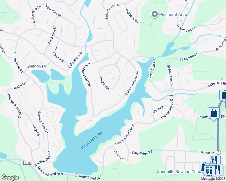 map of restaurants, bars, coffee shops, grocery stores, and more near 115 Pinyon Circle in Pinehurst