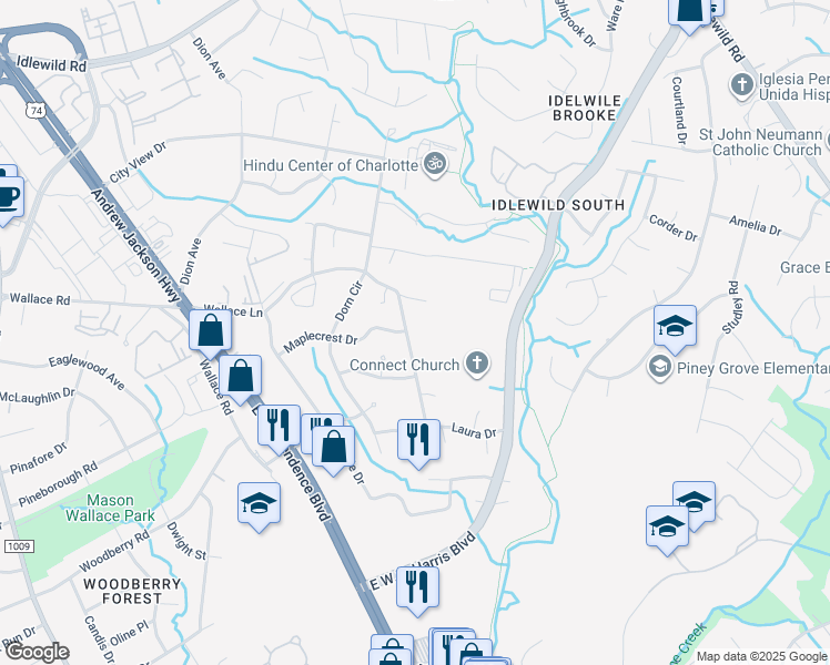map of restaurants, bars, coffee shops, grocery stores, and more near 7701 Wallace Lane in Charlotte