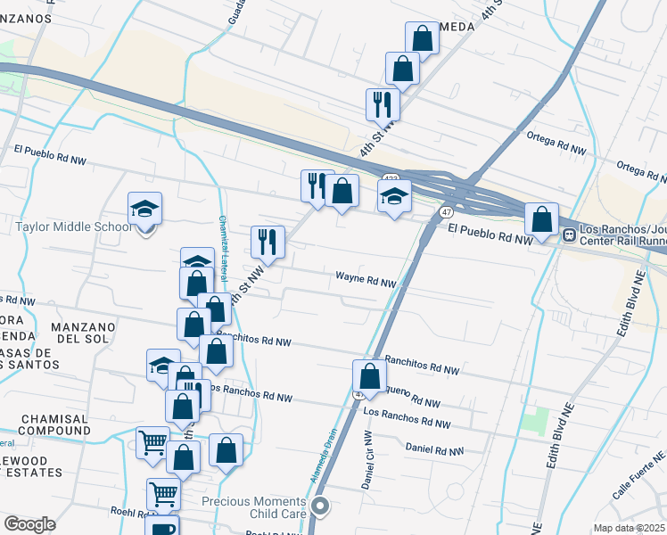 map of restaurants, bars, coffee shops, grocery stores, and more near 301 Wayne Road Northwest in Albuquerque