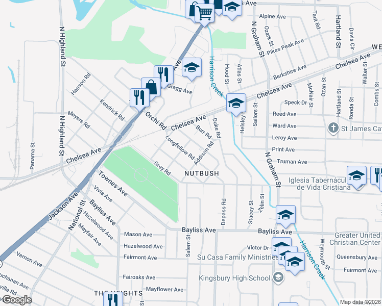 map of restaurants, bars, coffee shops, grocery stores, and more near 3827 Orchi Road in Memphis