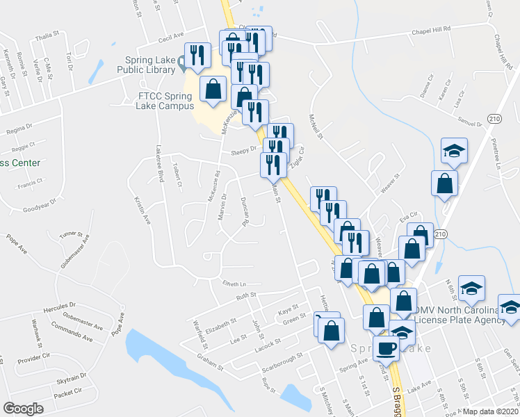 map of restaurants, bars, coffee shops, grocery stores, and more near 109 Bruce Lane in Spring Lake