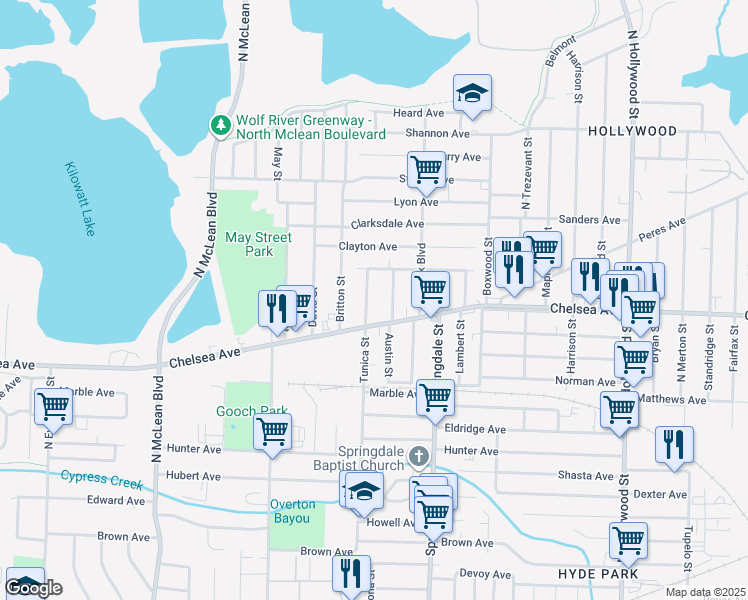 map of restaurants, bars, coffee shops, grocery stores, and more near 1410 Tunica Street in Memphis