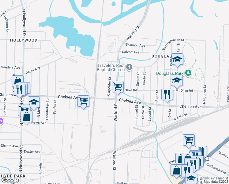 map of restaurants, bars, coffee shops, grocery stores, and more near 1553 Warford Street in Memphis