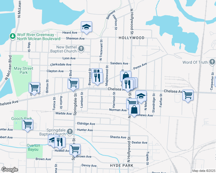 map of restaurants, bars, coffee shops, grocery stores, and more near 2350 Chelsea Avenue in Memphis