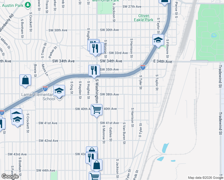 map of restaurants, bars, coffee shops, grocery stores, and more near 3705 South Monroe Street in Amarillo