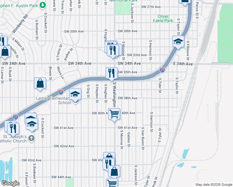 map of restaurants, bars, coffee shops, grocery stores, and more near 3705 South Washington Street in Amarillo