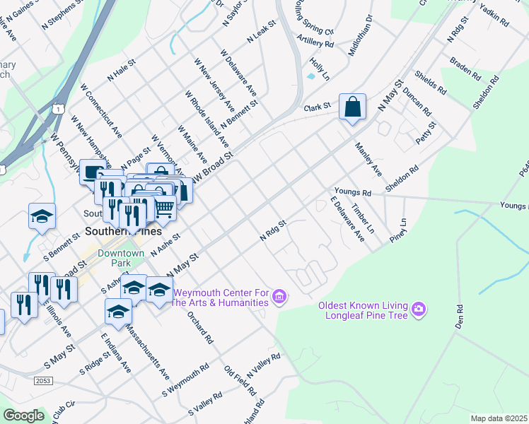 map of restaurants, bars, coffee shops, grocery stores, and more near 340 East Rhode Island Avenue in Southern Pines