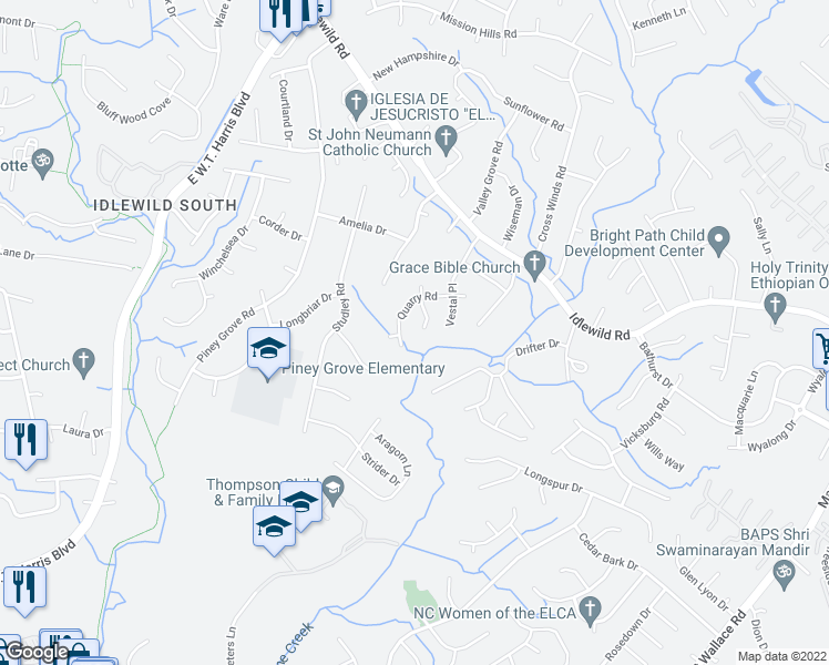 map of restaurants, bars, coffee shops, grocery stores, and more near 8400 Quarry Road in Charlotte