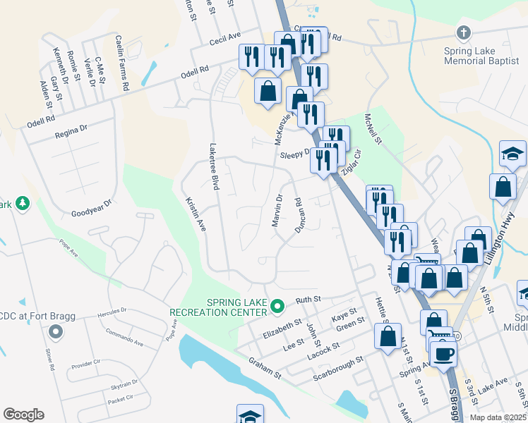 map of restaurants, bars, coffee shops, grocery stores, and more near 201 McKenzie Road in Spring Lake