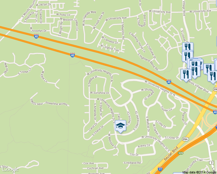 map of restaurants, bars, coffee shops, grocery stores, and more near 1645 West University Heights Drive North in Flagstaff