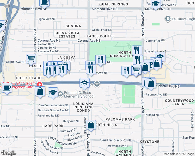 map of restaurants, bars, coffee shops, grocery stores, and more near 8140 Louisiana Boulevard Northeast in Albuquerque