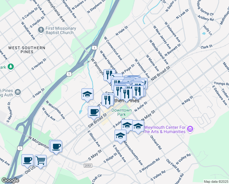 map of restaurants, bars, coffee shops, grocery stores, and more near 210 W Pennsylvania Ave in Southern Pines