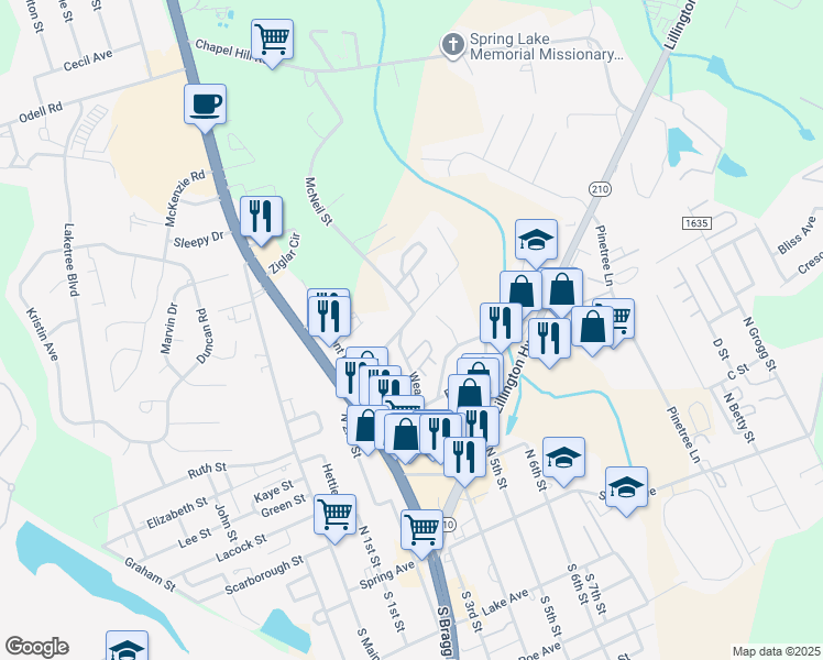 map of restaurants, bars, coffee shops, grocery stores, and more near 502 Weaver Street in Spring Lake