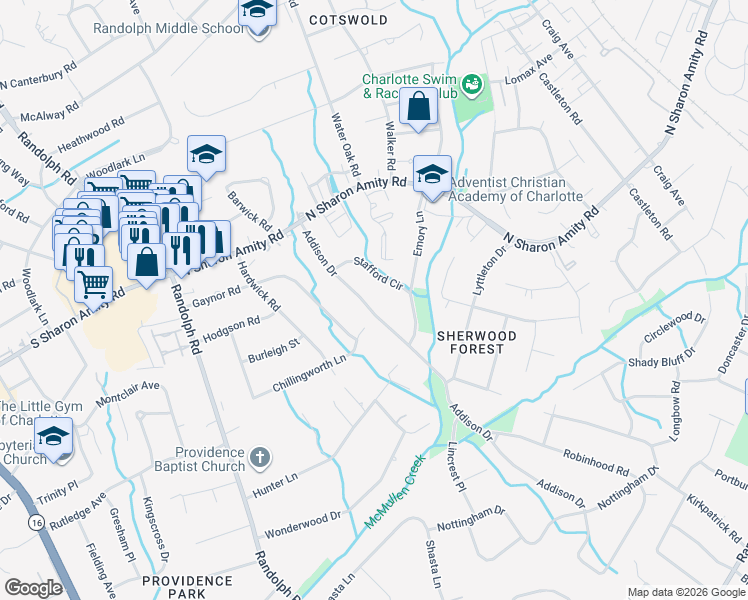map of restaurants, bars, coffee shops, grocery stores, and more near 4742 Addison Drive in Charlotte