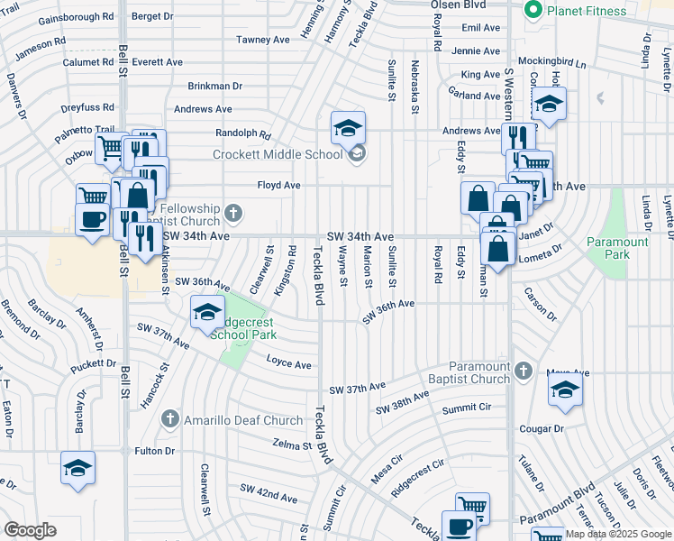map of restaurants, bars, coffee shops, grocery stores, and more near 3412 Wayne Street in Amarillo