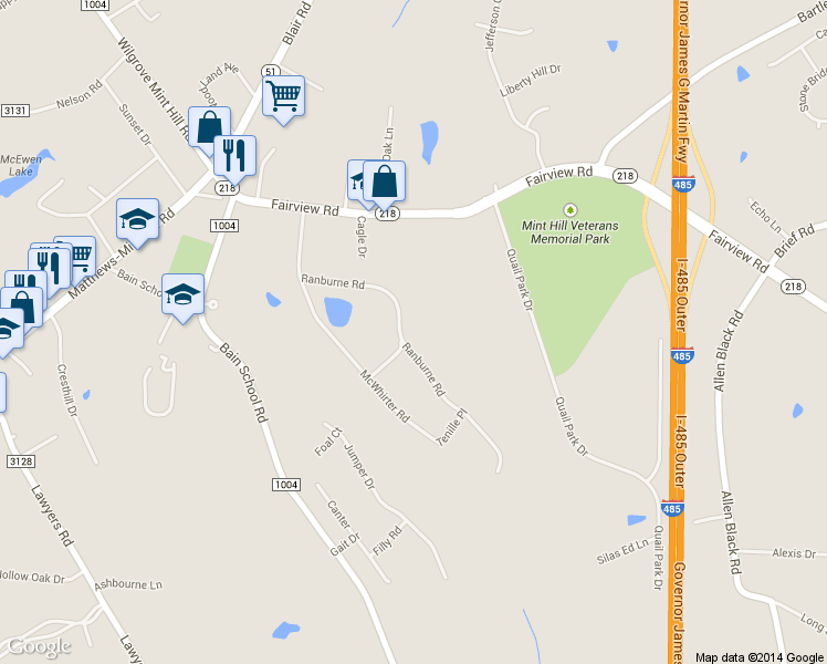 map of restaurants, bars, coffee shops, grocery stores, and more near 11845 Ranburne Road in Mint Hill