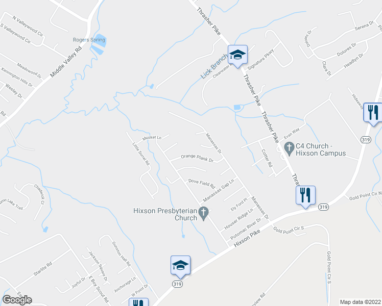 map of restaurants, bars, coffee shops, grocery stores, and more near 6531 Orange Plank Drive in Middle Valley