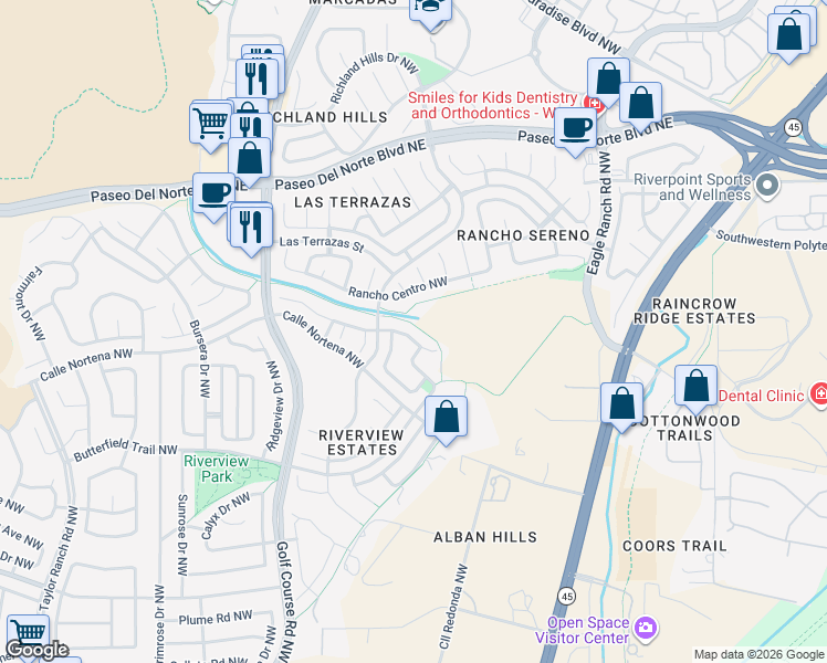 map of restaurants, bars, coffee shops, grocery stores, and more near 4119 Rancho Largo Road Northwest in Albuquerque