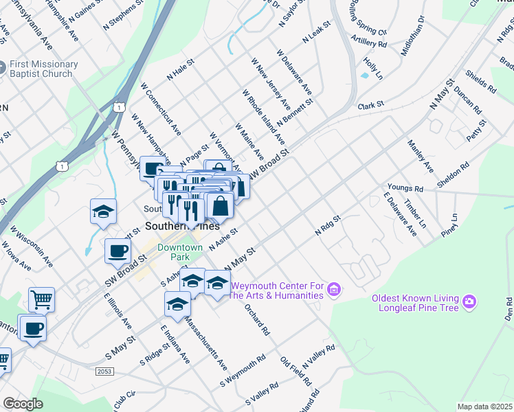 map of restaurants, bars, coffee shops, grocery stores, and more near 160 East Vermont Avenue in Southern Pines