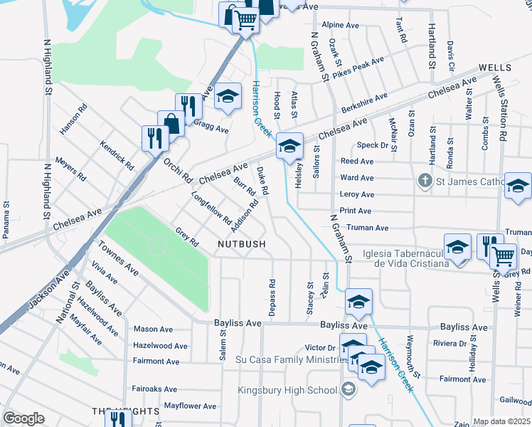 map of restaurants, bars, coffee shops, grocery stores, and more near 1569 Duke Road in Memphis