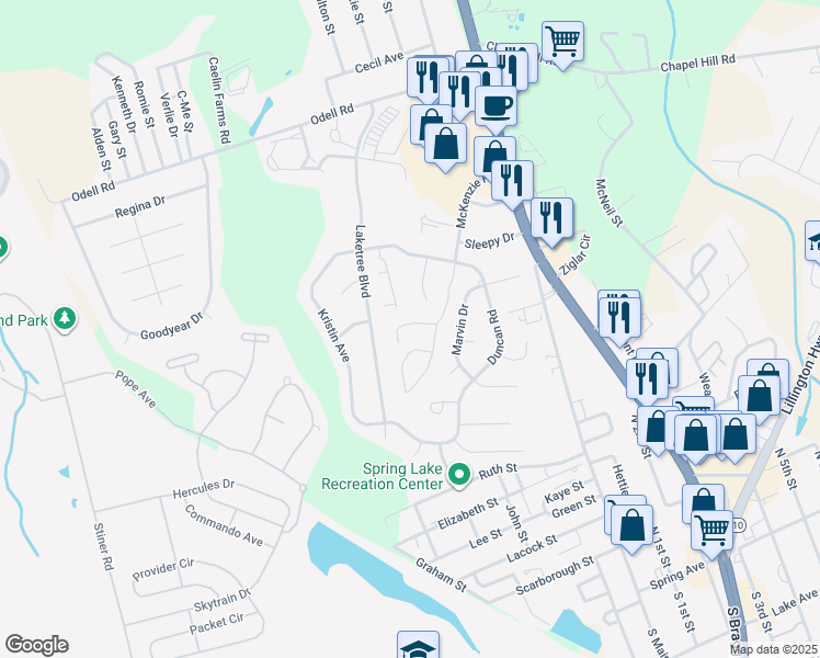 map of restaurants, bars, coffee shops, grocery stores, and more near 205 Dingo Road in Spring Lake