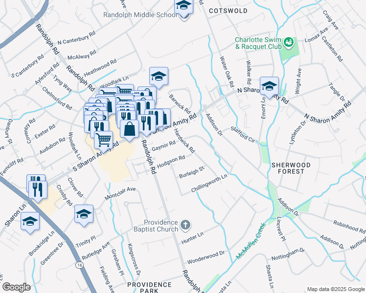 map of restaurants, bars, coffee shops, grocery stores, and more near 4710 Hardwick Road in Charlotte