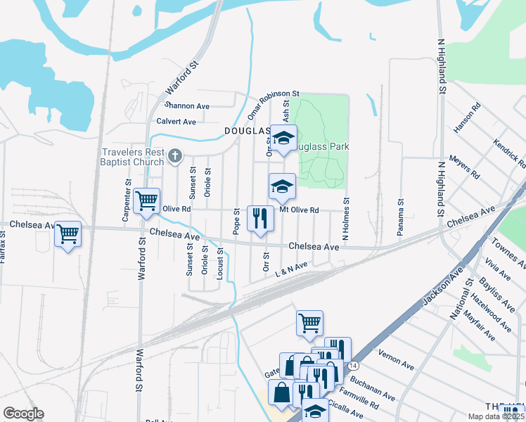 map of restaurants, bars, coffee shops, grocery stores, and more near 1565 Orr Street in Memphis