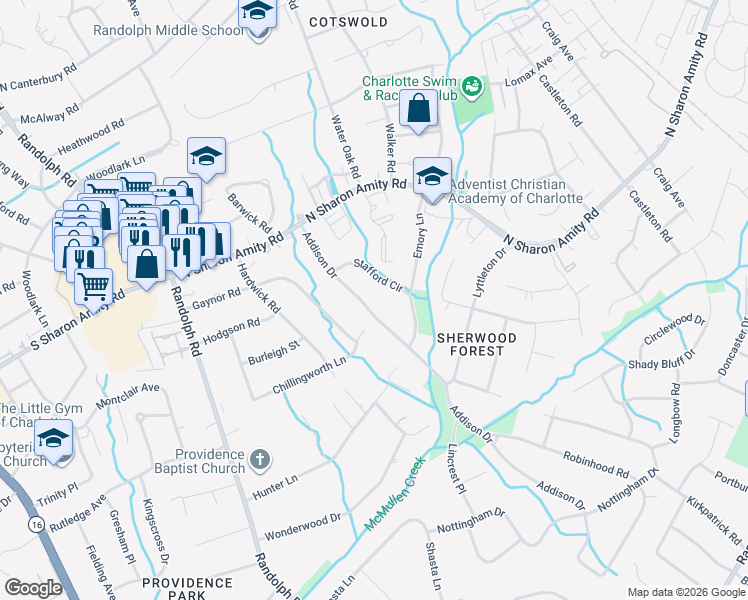 map of restaurants, bars, coffee shops, grocery stores, and more near 4742 Addison Drive in Charlotte