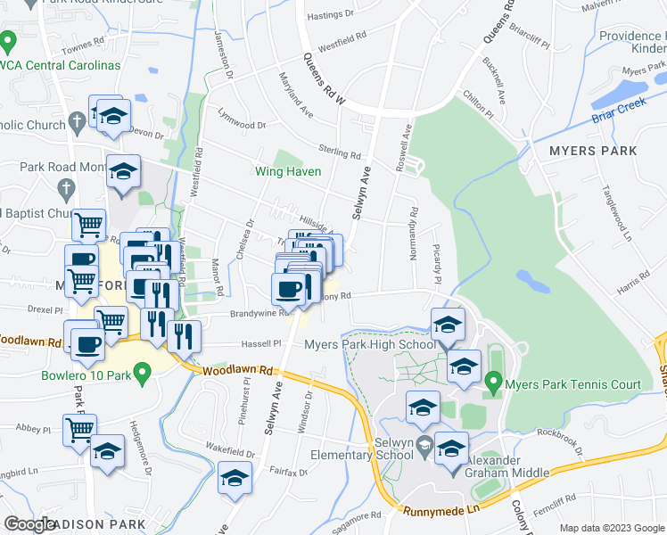 map of restaurants, bars, coffee shops, grocery stores, and more near 2715 Selwyn Avenue in Charlotte