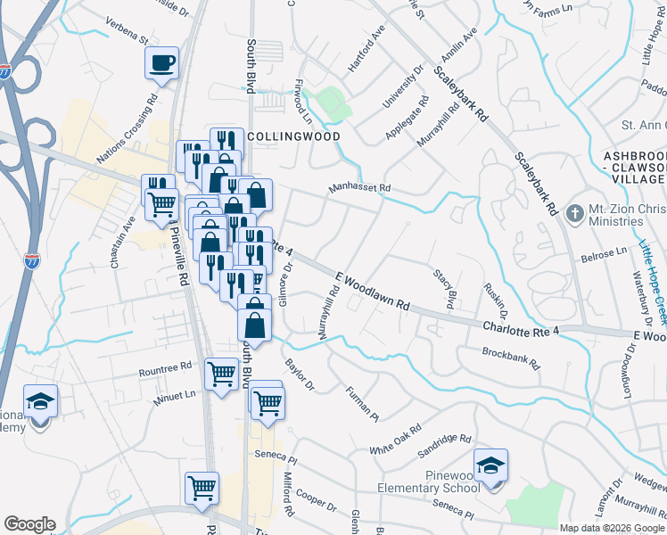 map of restaurants, bars, coffee shops, grocery stores, and more near 530 East Woodlawn Road in Charlotte