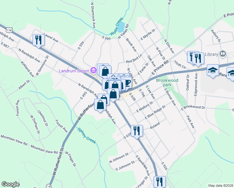 map of restaurants, bars, coffee shops, grocery stores, and more near 105 East Rutherford Street in Landrum