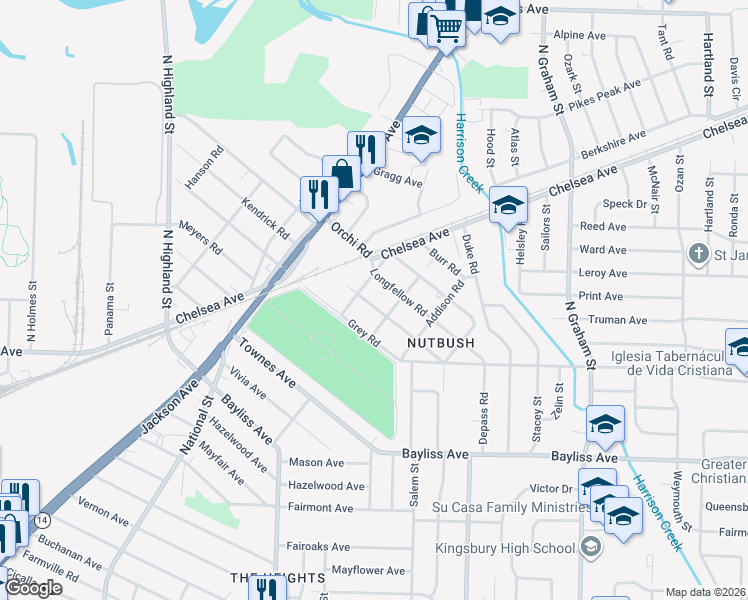 map of restaurants, bars, coffee shops, grocery stores, and more near 3732 Whittier Road in Memphis