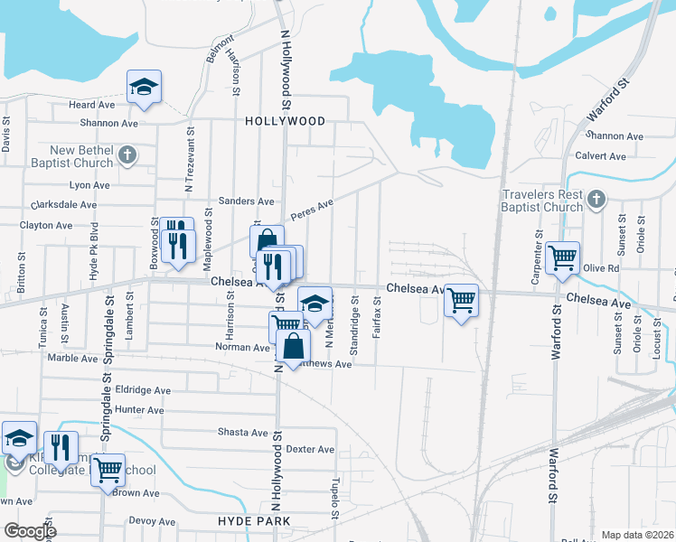 map of restaurants, bars, coffee shops, grocery stores, and more near 1436 North Merton Street in Memphis