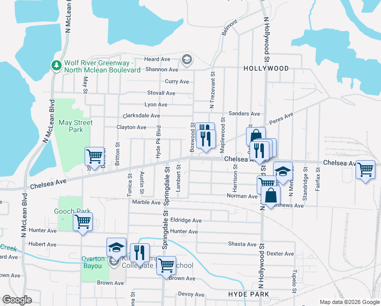 map of restaurants, bars, coffee shops, grocery stores, and more near 2248 Chelsea Avenue in Memphis