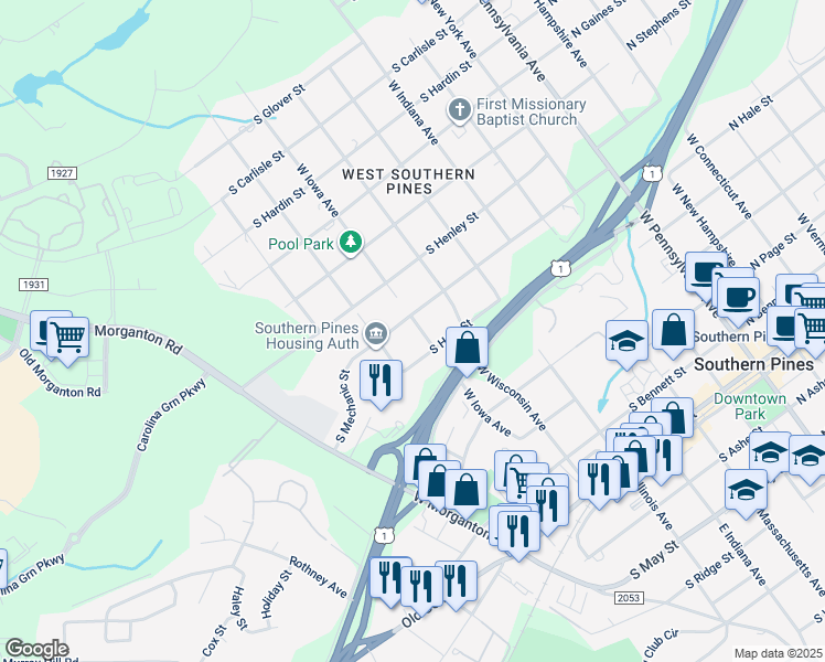 map of restaurants, bars, coffee shops, grocery stores, and more near 680 West Iowa Avenue in Southern Pines
