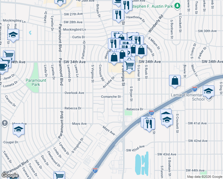 map of restaurants, bars, coffee shops, grocery stores, and more near 3506 Concord Road in Amarillo