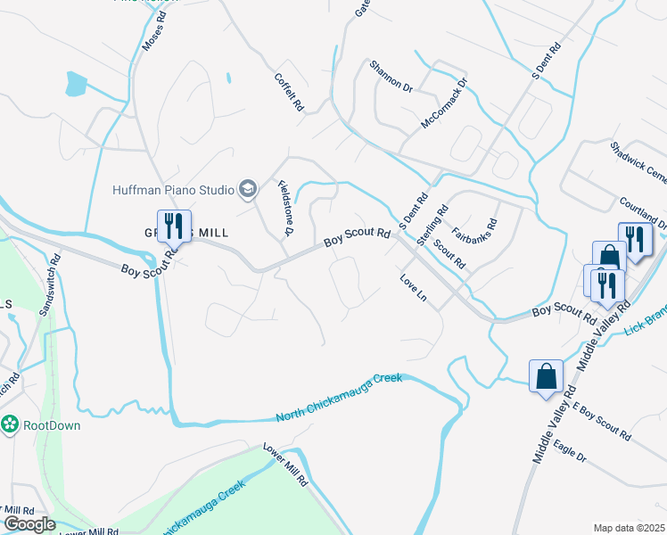 map of restaurants, bars, coffee shops, grocery stores, and more near 7143 Crestfield Circle in Middle Valley