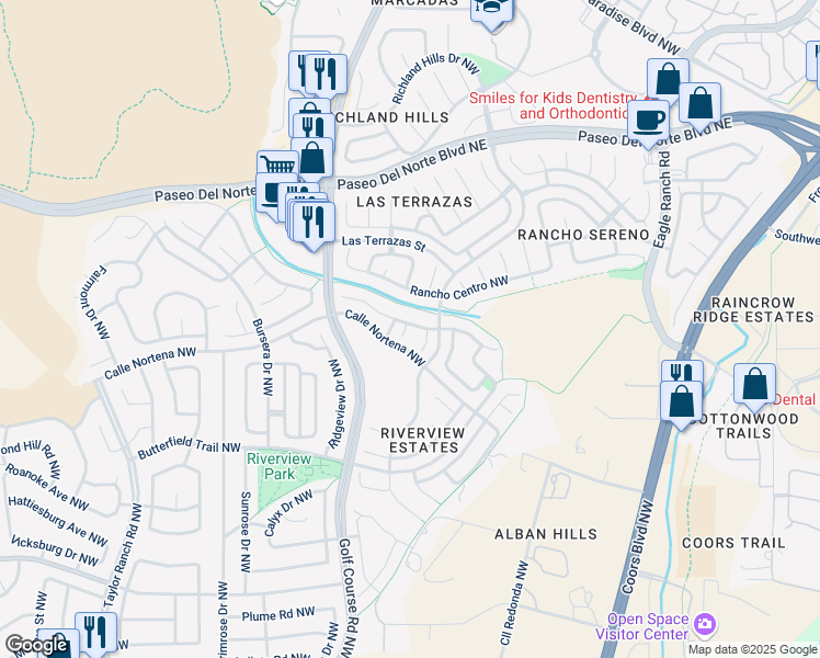 map of restaurants, bars, coffee shops, grocery stores, and more near 8008 Rancho Dorado Court Northwest in Albuquerque