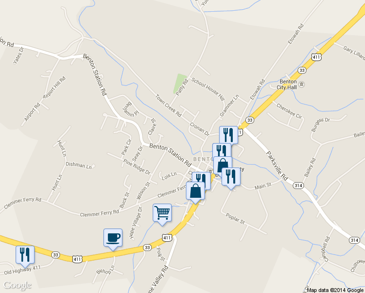 map of restaurants, bars, coffee shops, grocery stores, and more near 1775 Benton Station Rd in Benton