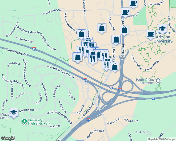 map of restaurants, bars, coffee shops, grocery stores, and more near 2735 South Woodlands Village Boulevard in Flagstaff