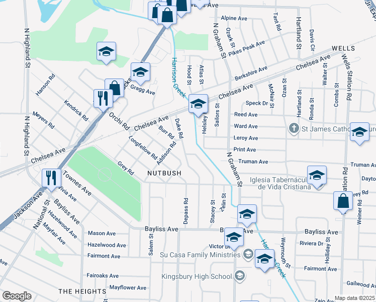 map of restaurants, bars, coffee shops, grocery stores, and more near 1569 Duke Road in Memphis